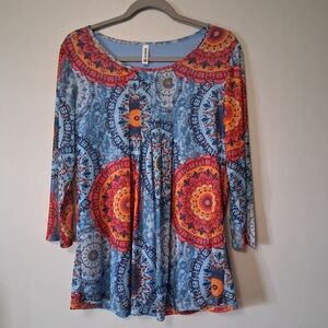 Boho Mandala  Scoop Neck Top - Blue/Orange/Red Size M